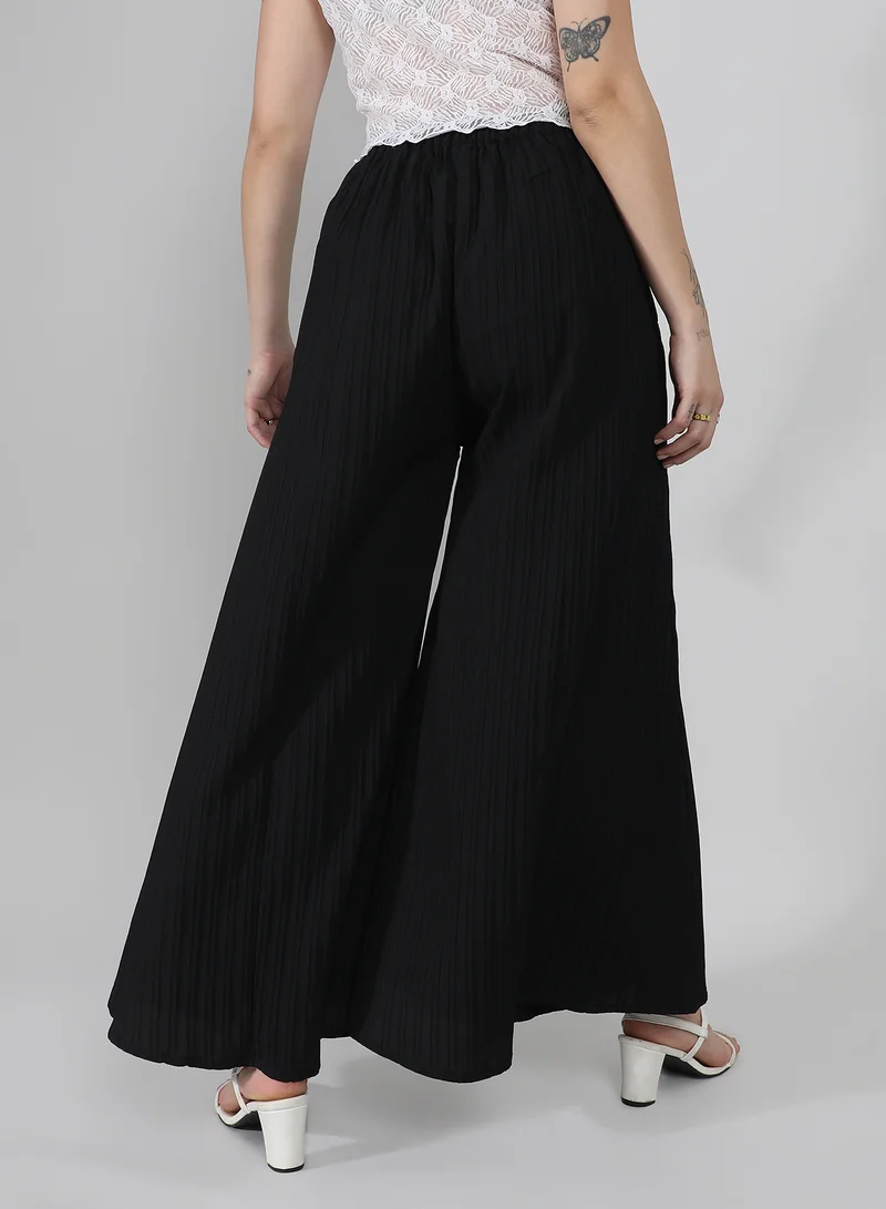 Pinacolada  Women's Midnight Black Striped Piping Flared Trousers For Casual Wear | High-Rise | Full Length | Pull On Closure | Pants Crafted With Comfort Fit For Everyday Wear for Women | Best Price UAE